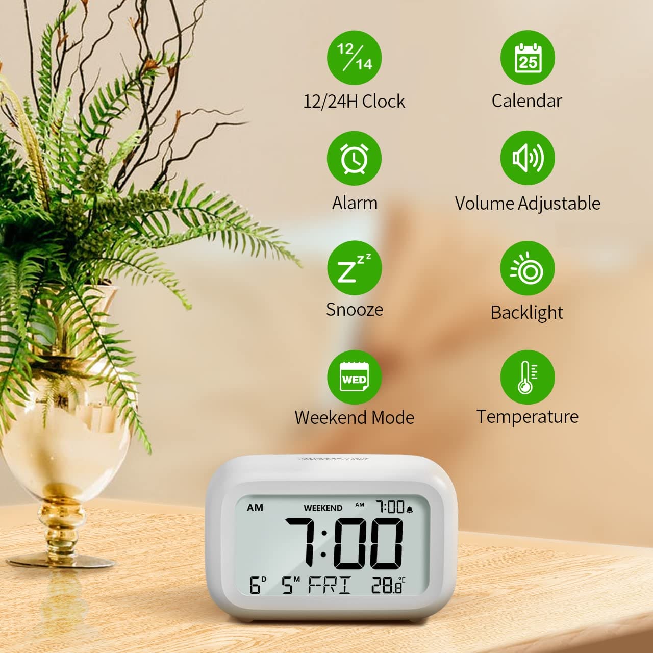 DOOMAY Digital Alarm Clock Bedside - Battery Powered Clock with LCD Display Volume Adjustable Snooze and Weekend Mode for Bedroom Office Desk Travel