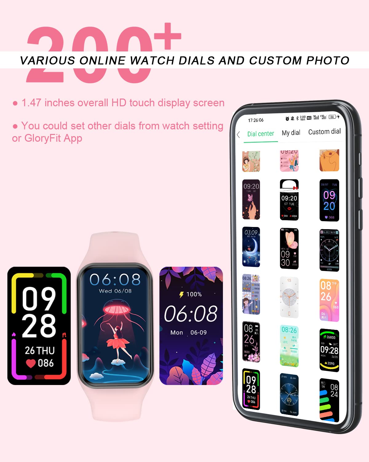 IOWODO Smart Watch for Women, Fitness Tracker with Heart Rate/Blood Oxygen/Sleep Monitor/Custom Dials, 5ATM Waterproof Step Counter Watch with 24 Sport Modes Activity Tracker for iOS Android - Pink