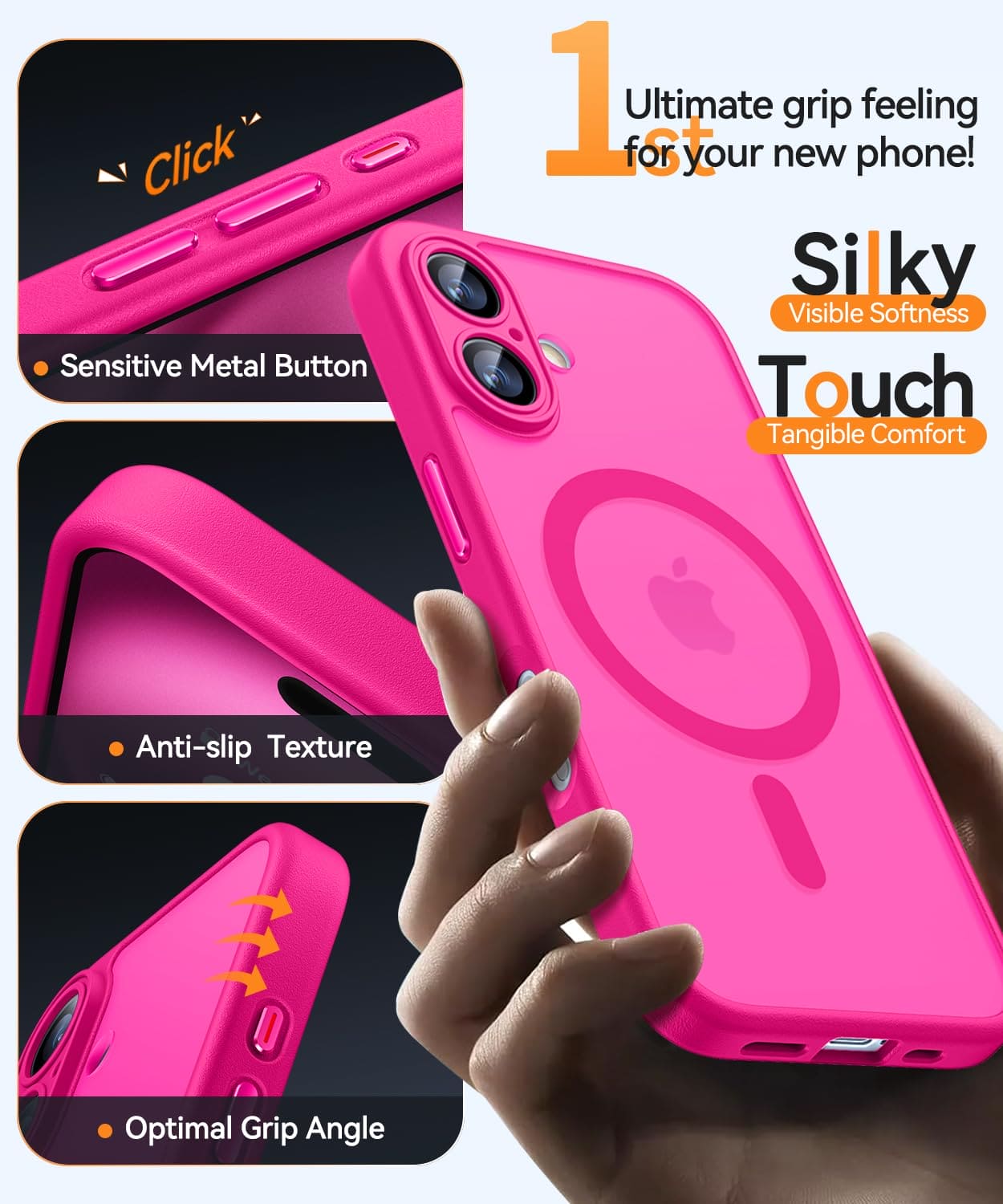 CANSHN Magnetic for iPhone 16 Case, Upgraded [Full Camera Protection] [Compatible with Magsafe] [Translucent Matte] Shockproof Protective Phone Case for iPhone 16 6.1" - Hot Pink