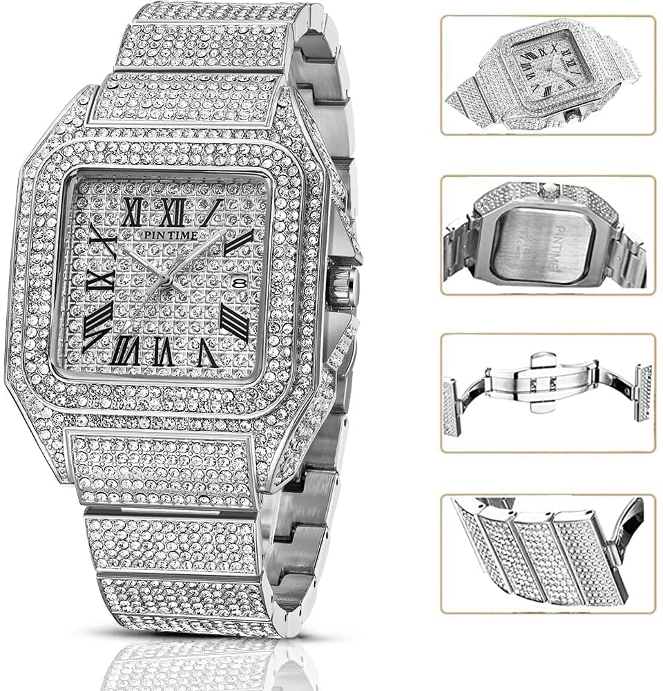 Gosasa Fashion Hip Hop Men's Crystal Watch Bling Bling Iced Out Watch Rectangle Case Stainless Steel Quartz Analog Bracelet Wristwatch (Silver)