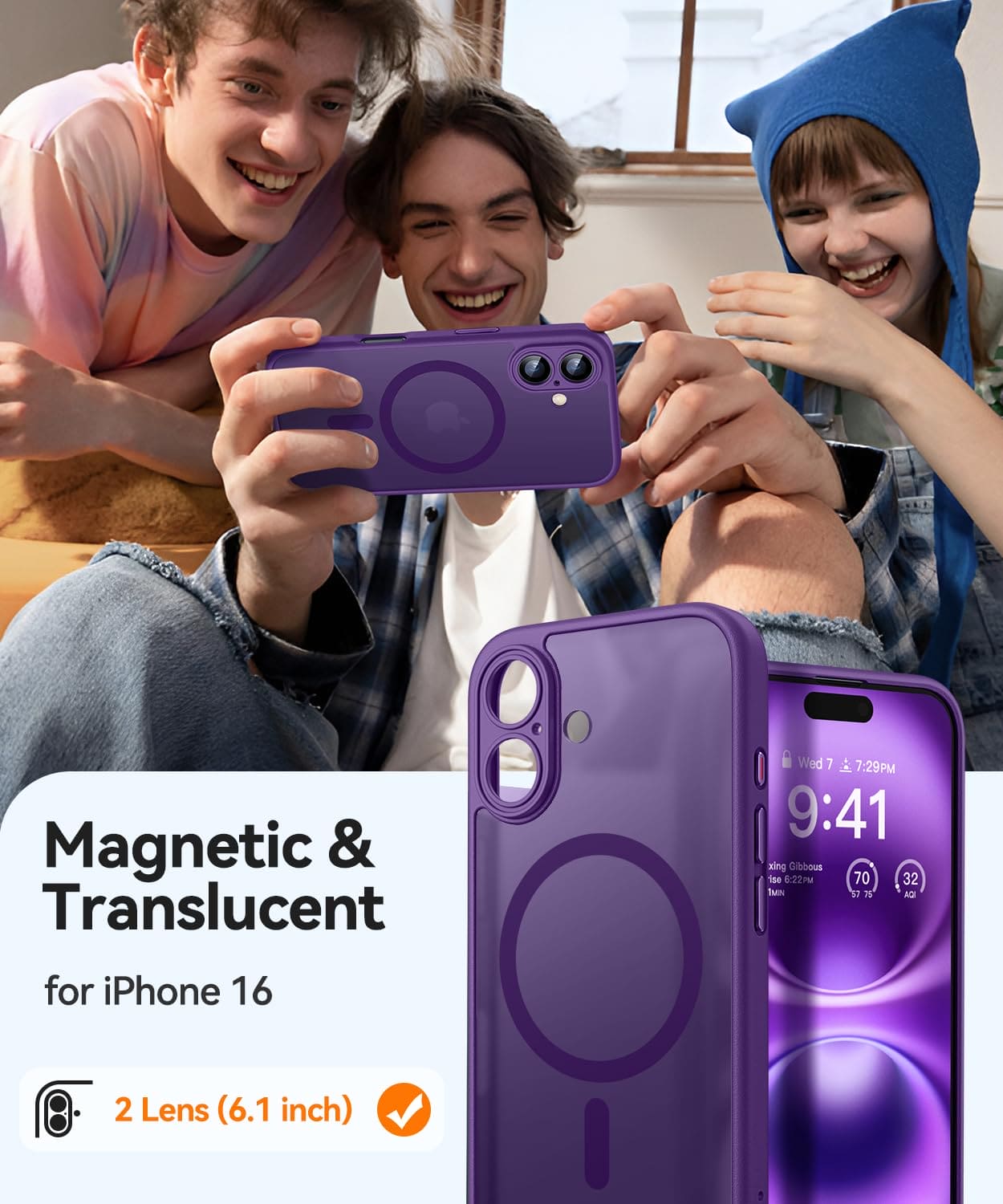 CANSHN Magnetic for iPhone 16 Case, Upgraded [Full Camera Protection] [Compatible with Magsafe] [Translucent Matte] Shockproof Protective Phone Case for iPhone 16 6.1" - Deep Purple