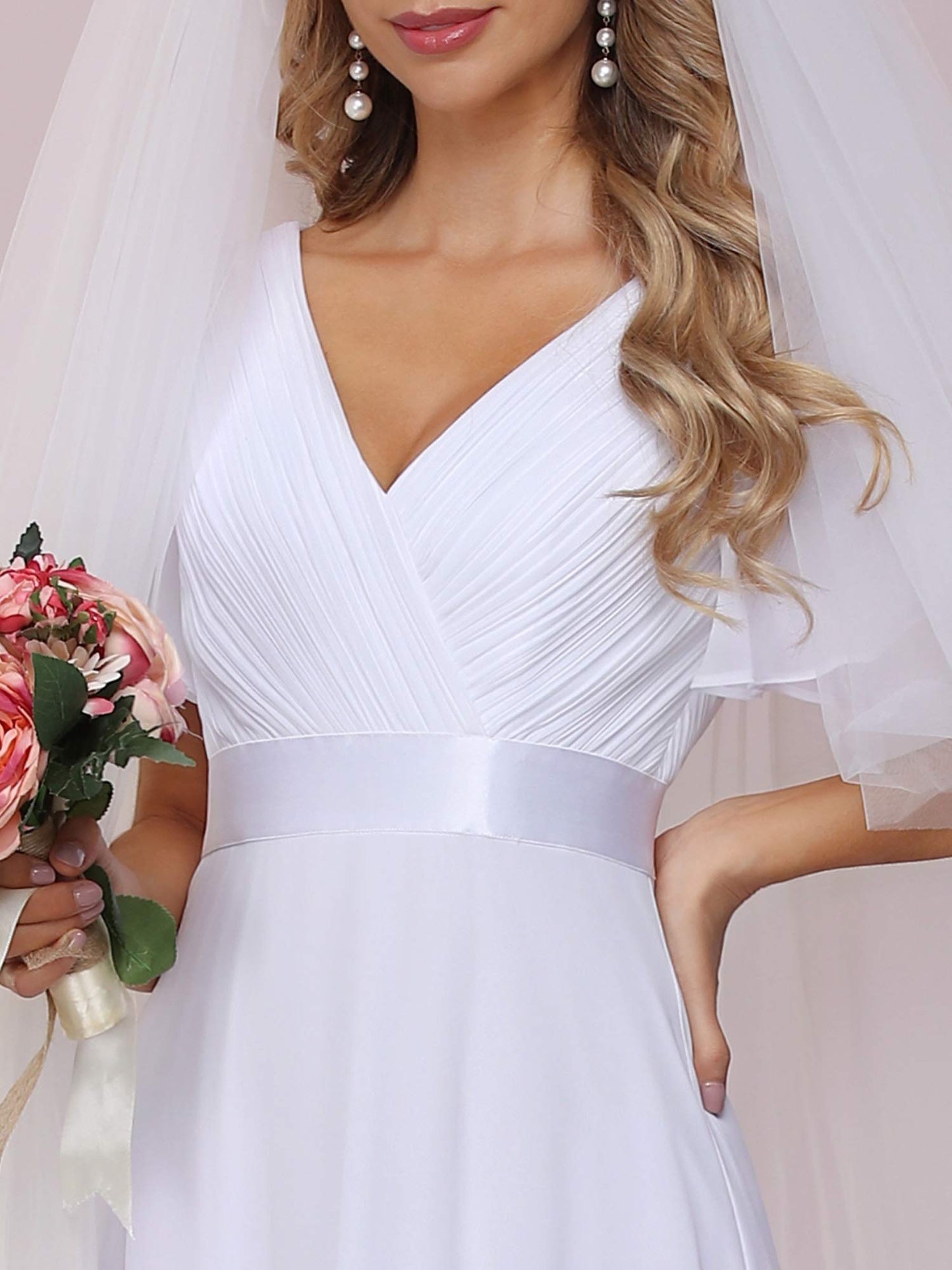 Ever-Pretty Women's Elegant Double V Neck A Line Empire Waist Short Sleeve Long Chiffon Wedding Dresses White 18UK