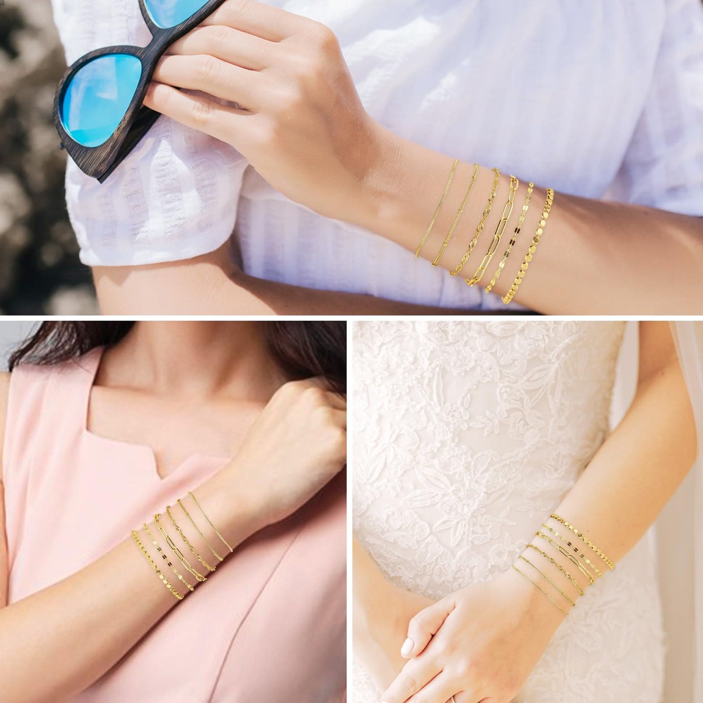 DIVINA VITAE 6 Pcs Gold Bracelet Stack Non Tarnish Gold Plated Stackable Bracelets Trendy Herringbone Paper Clip Figaro Braclets Simple Cute Boho Gold Chain Link Bracelet Sets Jewelry Gift for Women