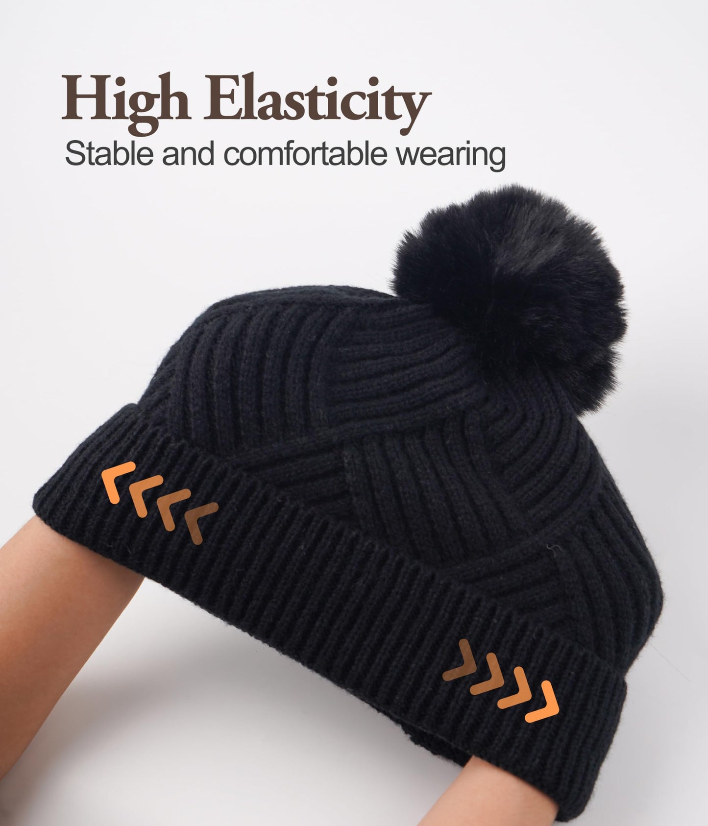 YESWEL Beanie Hats for Women,Warm Winter Hats,Bobble Knitted Hats Thermal Layer Fleece Lined with Detachable Pom Pom for Outdoor Skiing (Black)