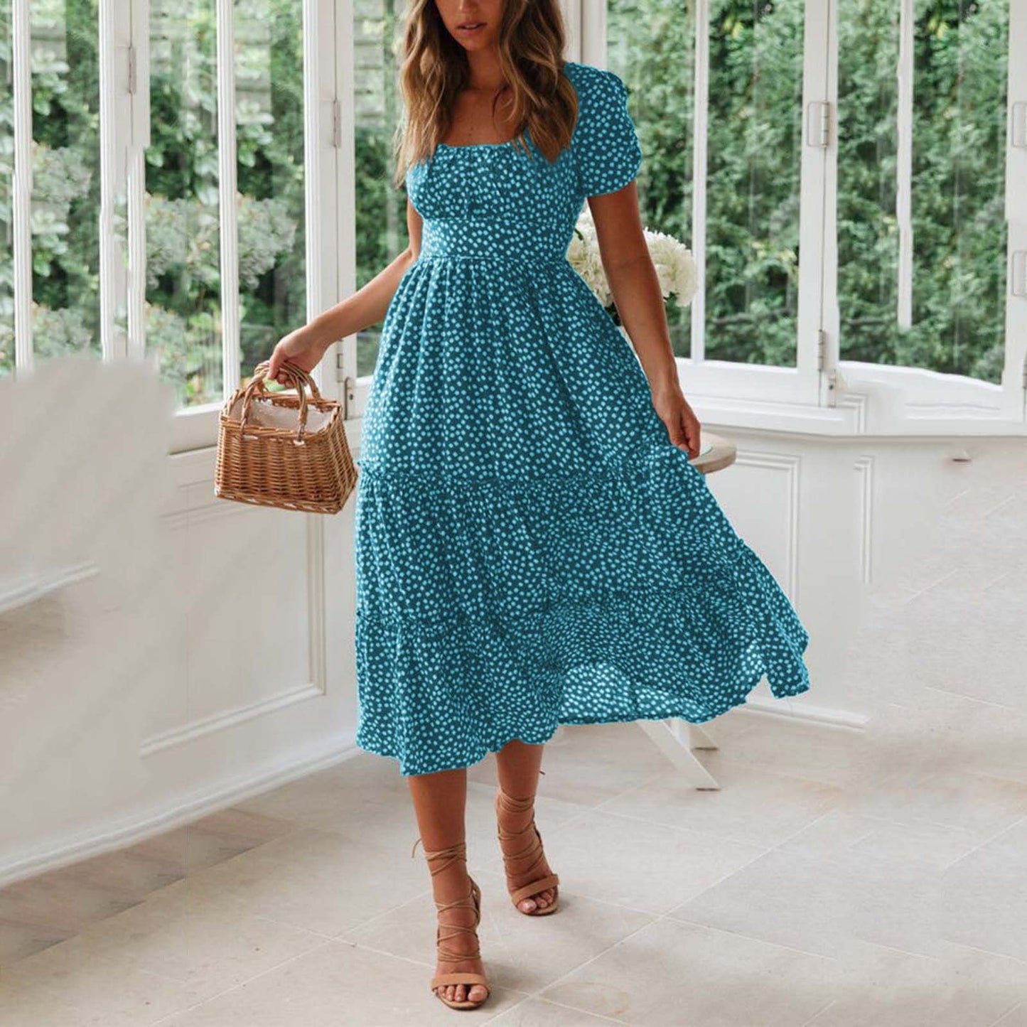 Women Summer Beach Dress Boho Casual Square Neck Dresses Floral Print Loose Holiday Sundress Ladies Elegant Short Sleeve Dresses A-line Swing Flowy Midi Dress UK Blue