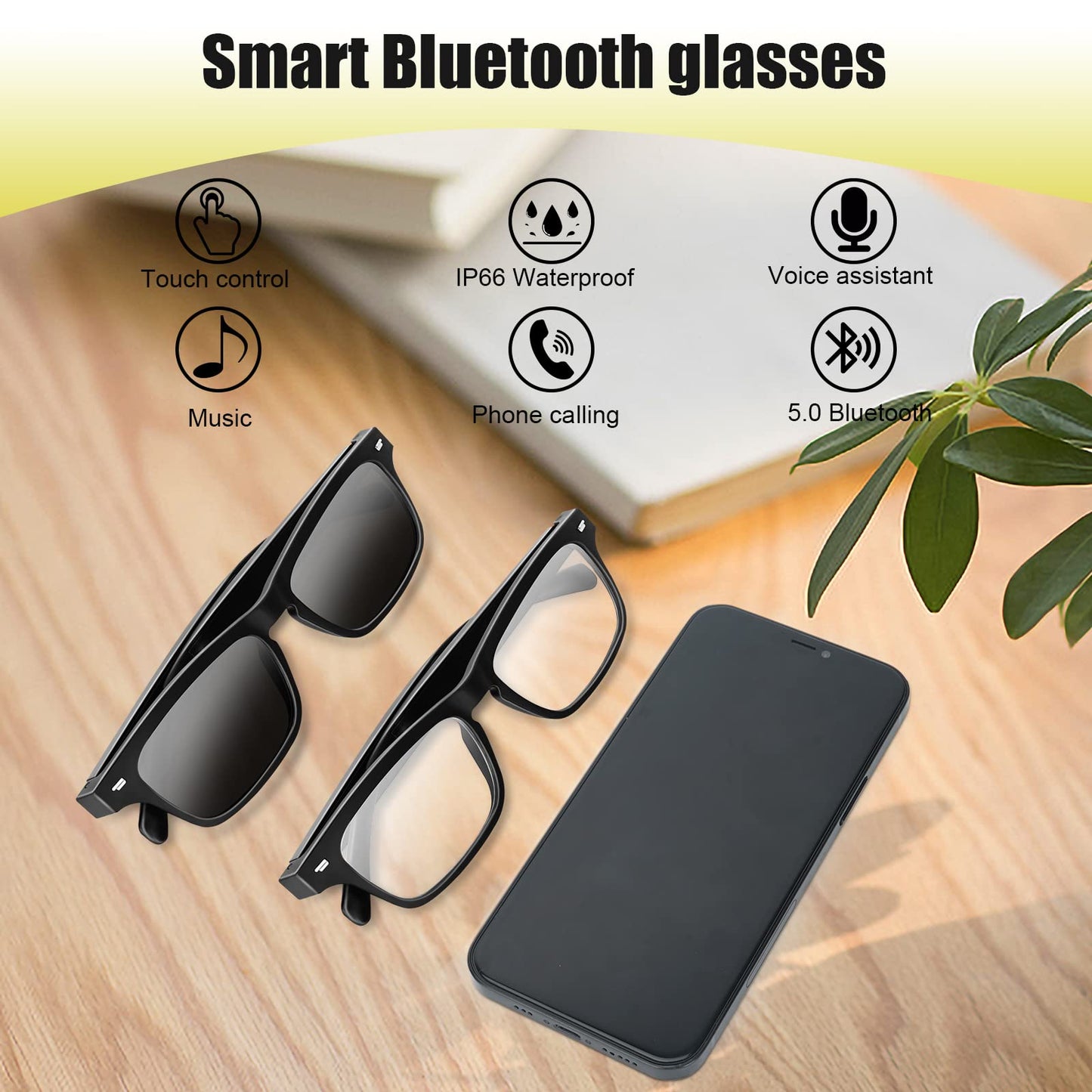 CatXQ Smart Glasses,Wireless Bluetooth,IP5 Waterproof,Bone Conduction Sound (Music&Call) for All Smart Devices Support DIY Lens Replacement - Blue Light Blocking