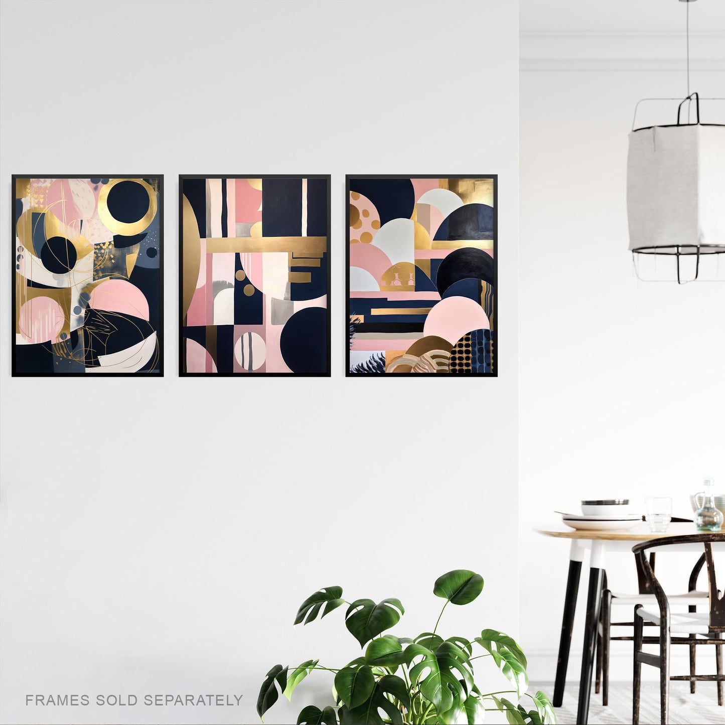 Artery8 Set of 3 A4 Abstract Boho Art Deco Paintings Gold Pink Navy Blue Geometric Shapes and Patterns Unframed Wall Art Living Room Poster Prints Pack