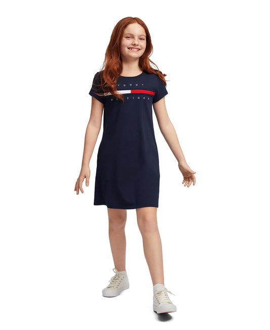 Tommy Hilfiger Girls' Short Sleeve Flag T-Shirt Dress, Relaxed Fit with Classic Logo Design & Crewneck, Navy Blazer, 6