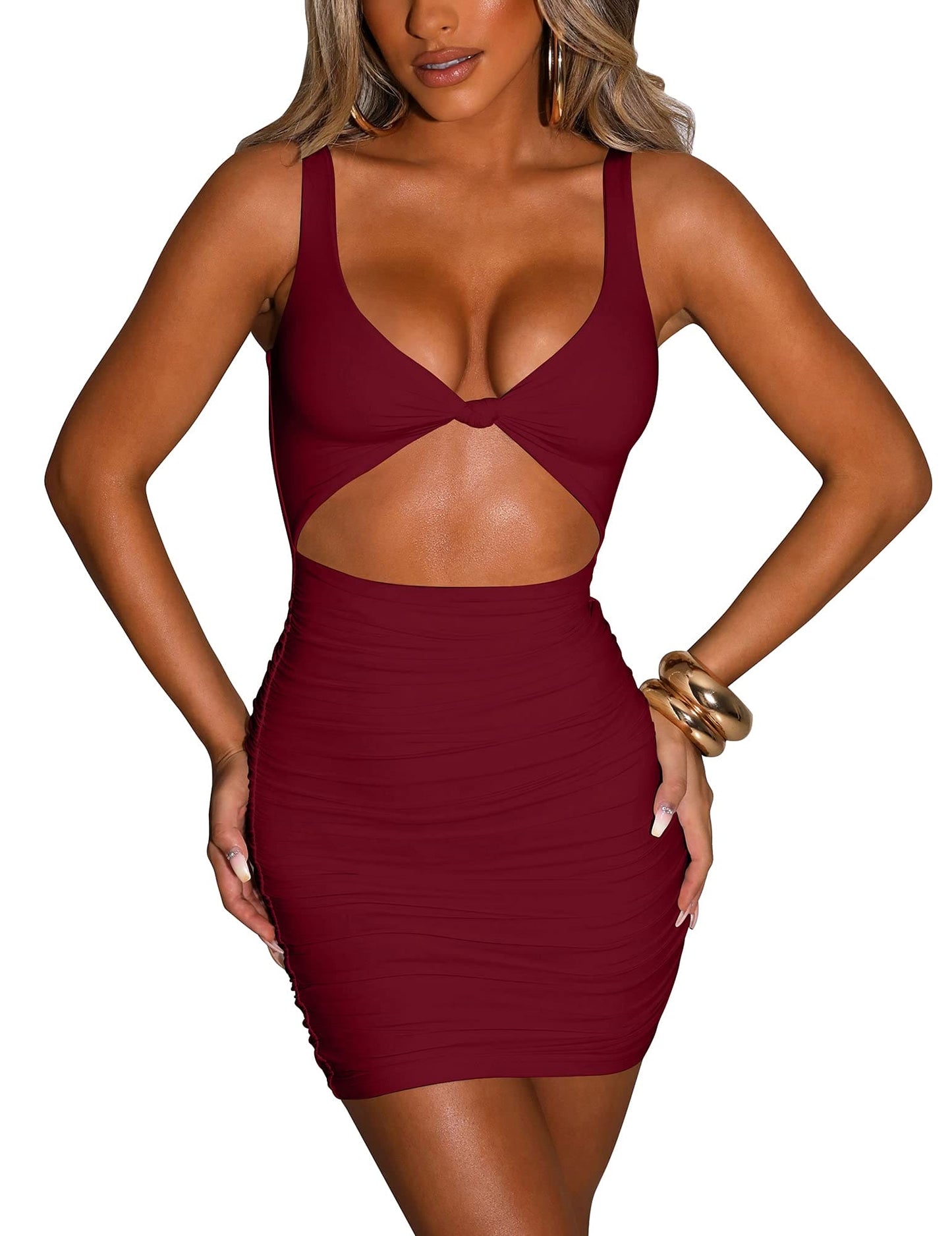 Kaximil Women's Sexy Bodycon Sleeveless Cut Out Ruched Tank Mini Club Party Dresses, Small, Wine Red