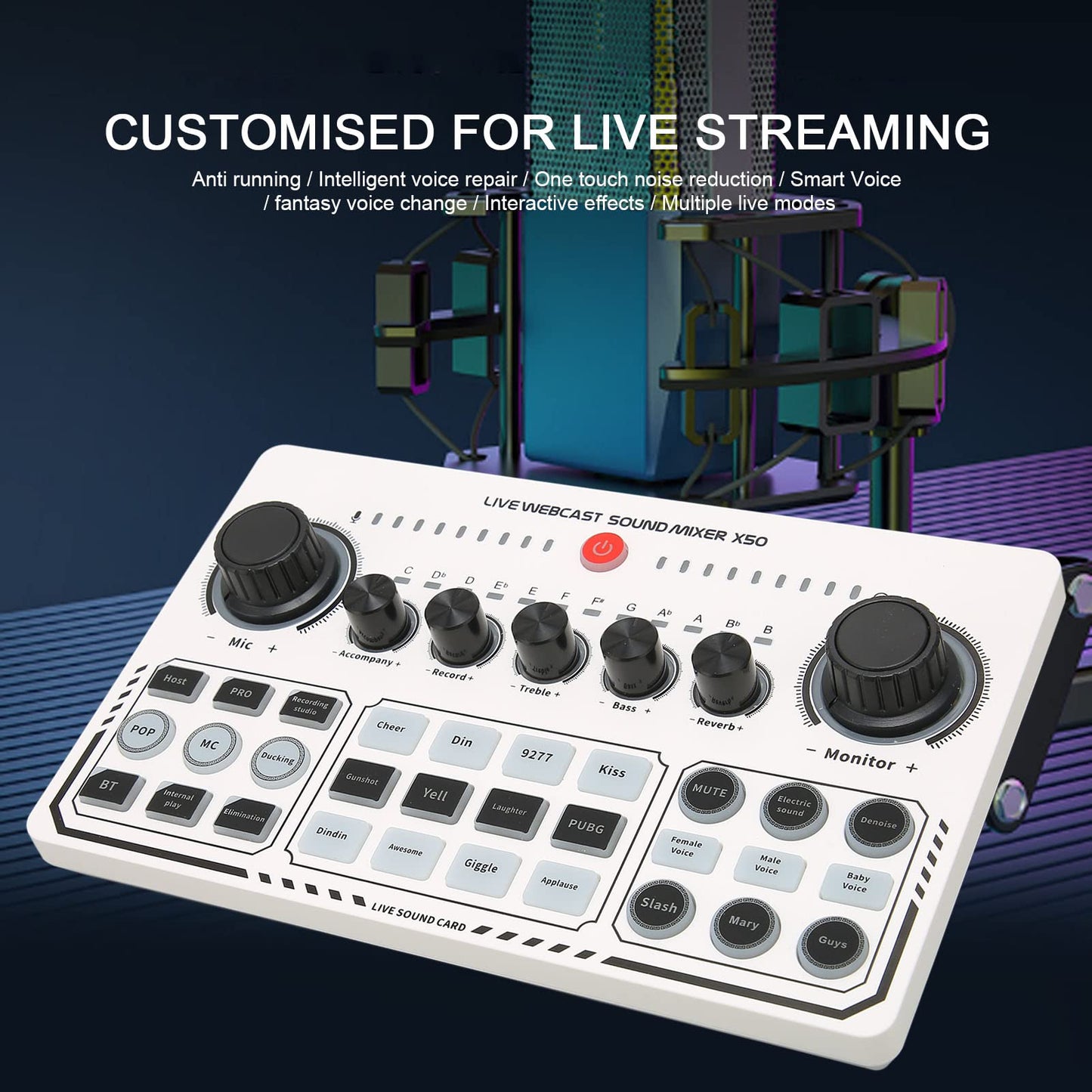 Professional Mixer, Podcast Equipment Bundle, USB External Sound Card with 12 Warm Up Sound Effects, Live Sound Card and Interface for Live Streaming Podcast Recording