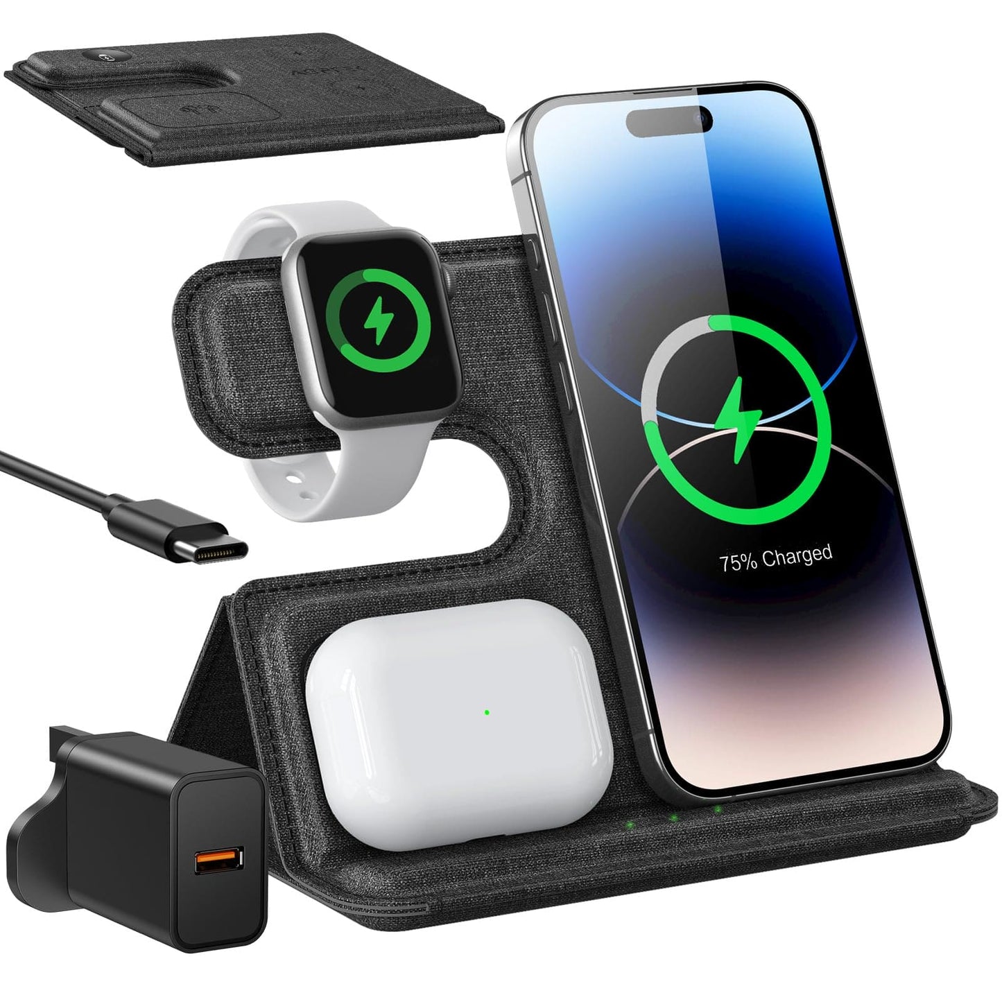 AGPTEK 3 in 1 Wireless Charging Station, Foldable Travel Wireless Charger Anti-Slip Compatible with iPhone 15/14/13/12/11/XR/XS/X/8, for Samsung S24/S23/S22/S21/S20, iWatch 2-9/AirPods, 18W Adapter