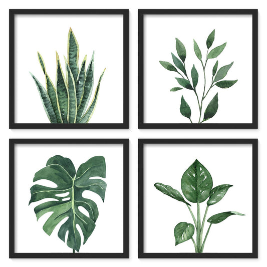 ArtbyHannah Framed Wall Art Decor with Botanical Prints 25x25cm Green Tropical Snake Plant Fern Artwork Poster 10x10 inch, Square Pictures Set of 4, Wall Decoration for Living Room Bathroom Bedroom