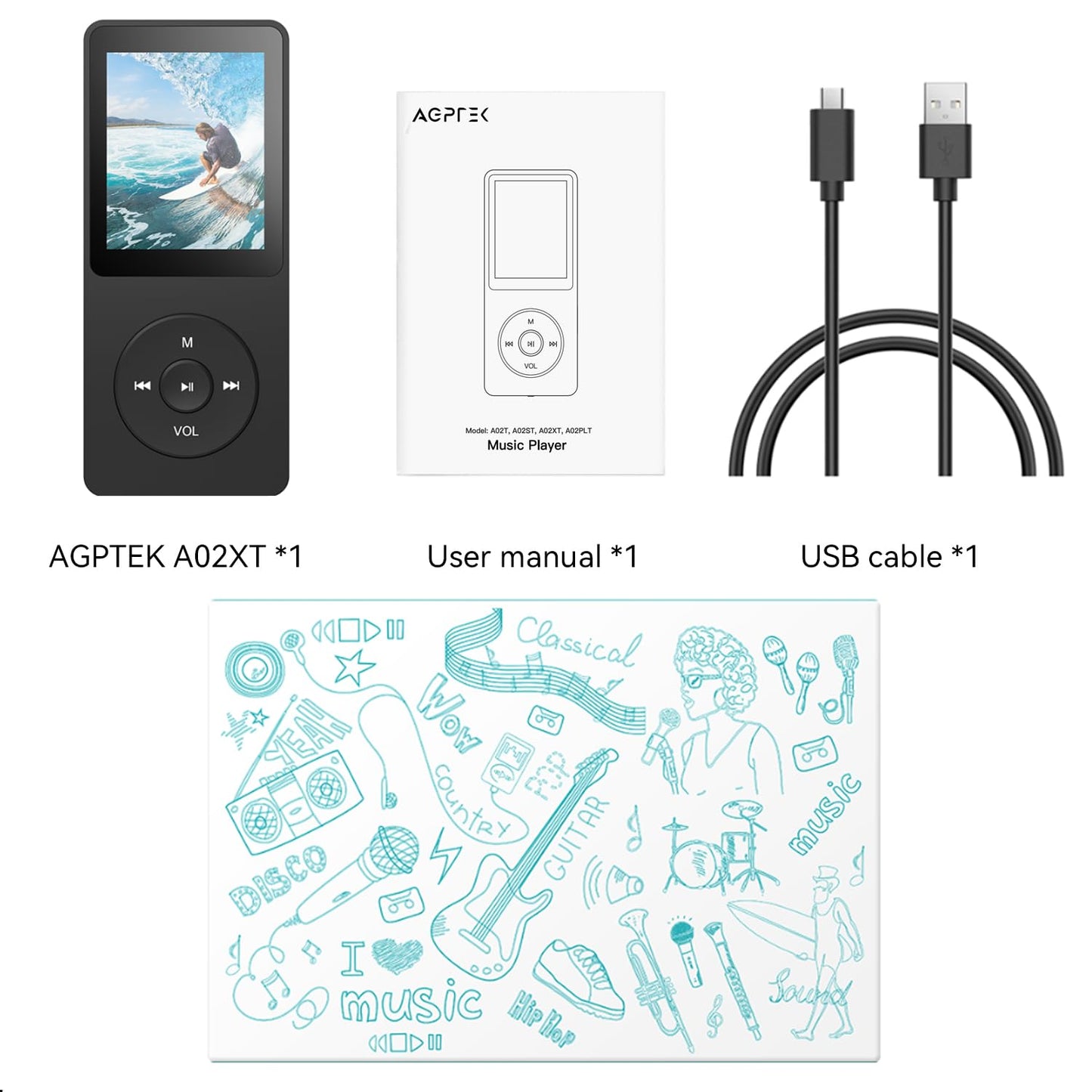 AGPTEK A02X 32GB MP3 Player with Bluetooth 5.3, 1.8 inch Screen Portable Music Player with Speaker, FM Radio, Voice Recorder, Supports Expanded Up to 128GB