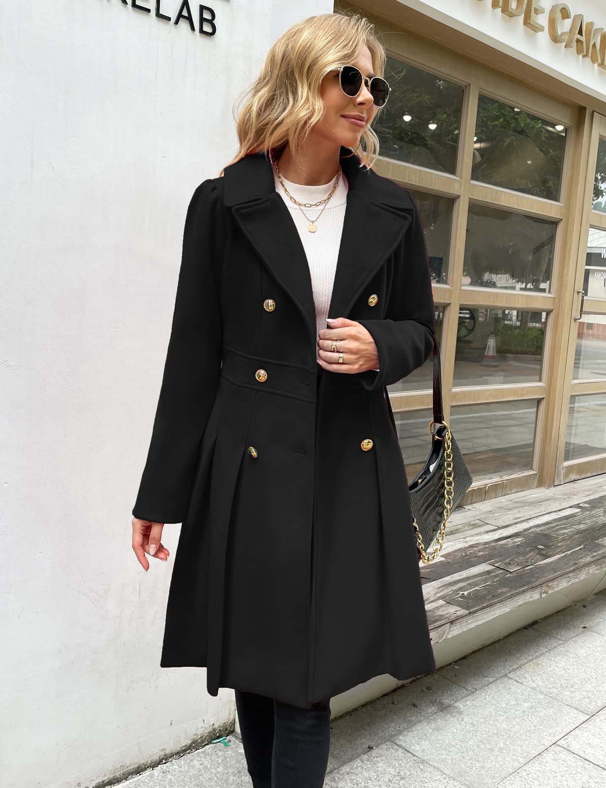 GRACE KARIN Women's Double-Breasted A Line Coat Puffed Sleeve Long Trench Coat Outwear for Winter Black A-Line Peacoat L