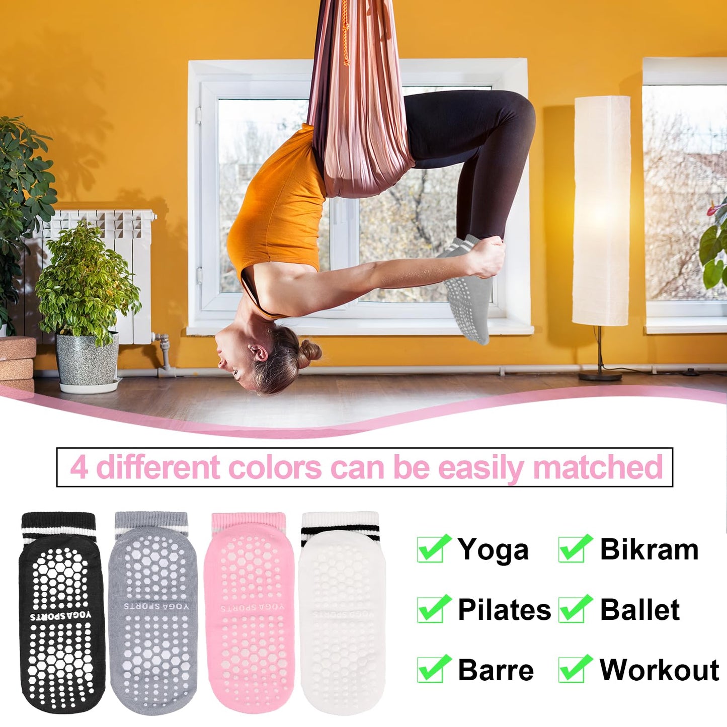 Radsocken 4 Pairs Non Slip Yoga Socks Pilates Socks for women with Grips Anti Skid Sticky Socks Sport Grip Socks for Yoga Pilates Barre Trampoline Fitness Hospital Home w