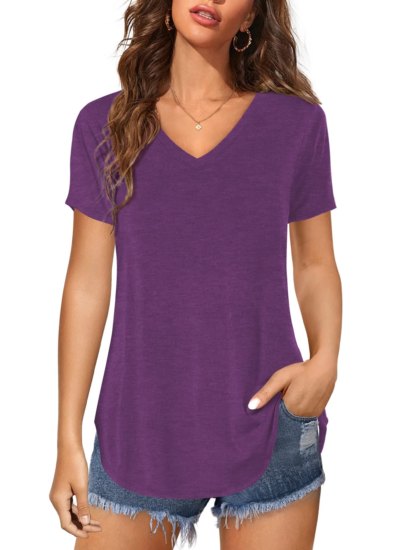 Florboom Women Casual Blouse V Neck Curved Hem Tunic Tops Summer Shirts, Purple 12 14