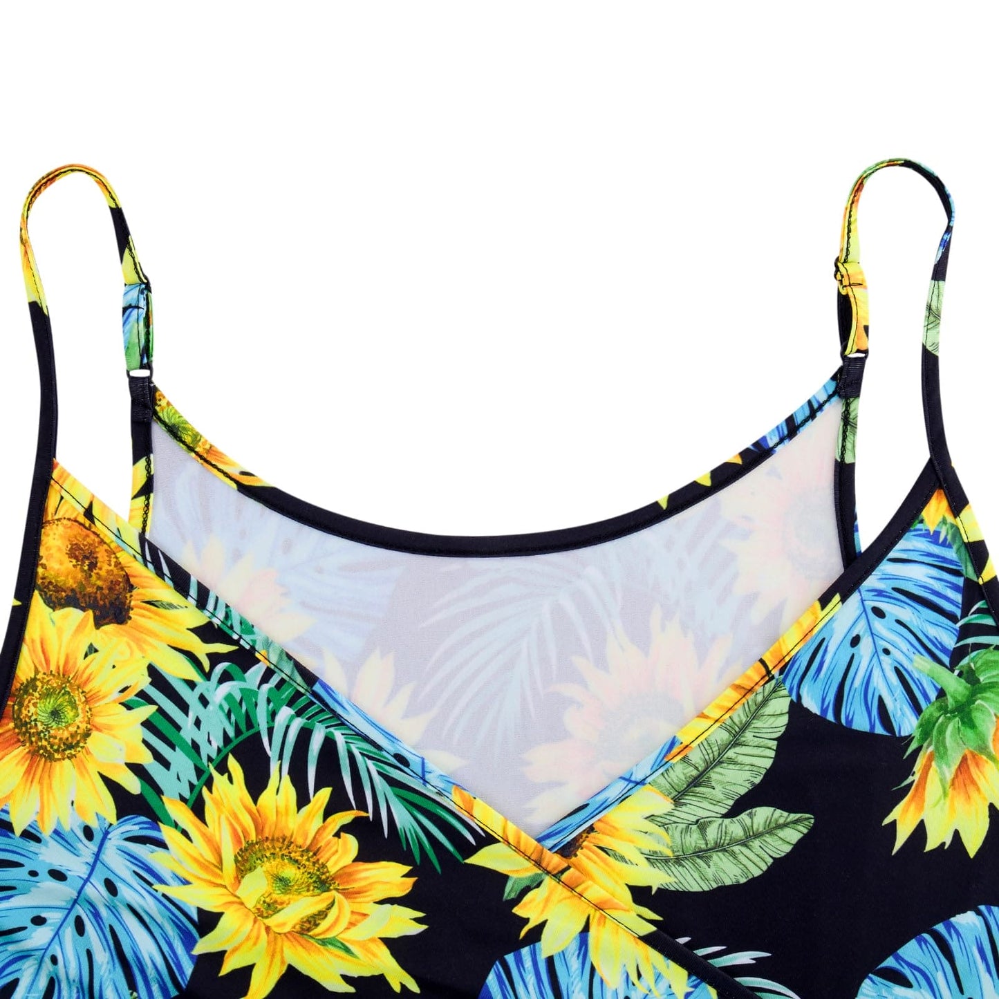 Freshhoodies Ladies Summer Dresses Sunflower Bohemian Floral Spaghetti Strap A-Line Stretch Sun Dress for Womens Elegant V-Neckline Swing Maxi Holiday Beach Dress with Pockets XL