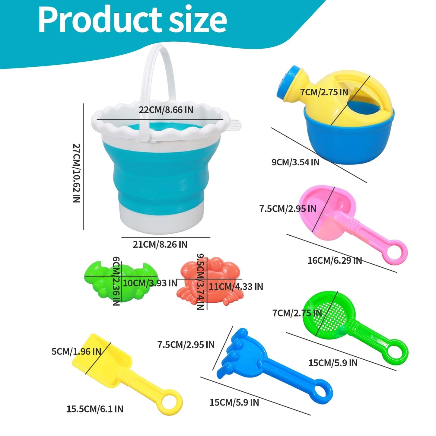 Foldable Beach Bucket Set for Kids, 8 Pcs Beach Palyset Sand Toys with Foldable Bucket, Rake, Shovel, Watering Can and Sand Moulds, Kids Play Sand Toys, Sand and Water Outdoor Fun Tools for Boys Girls