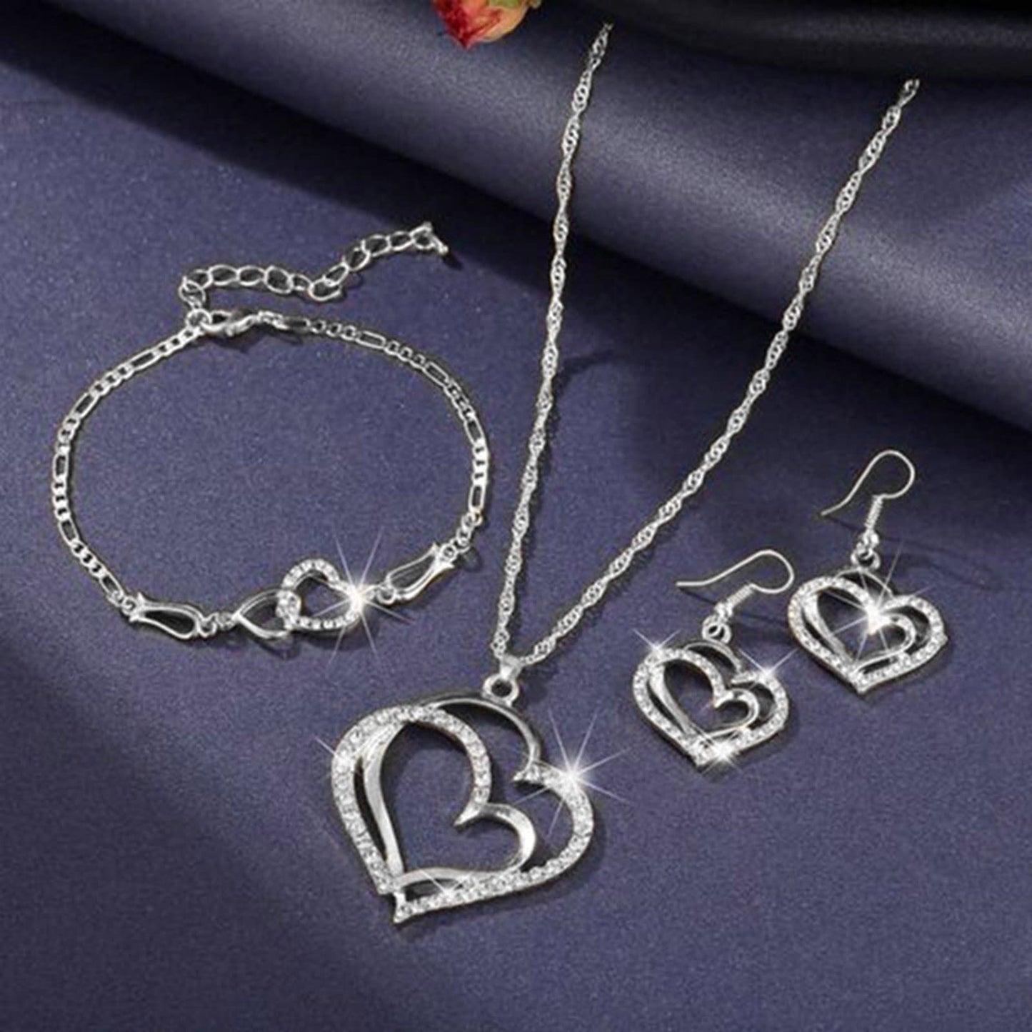 MaNMaNing Silver Bracelet Earring Necklace Set for Women Elegant Heart Shaped Pendant Ladies Party Wedding Jewelry Gift for Birthday Mothers Day