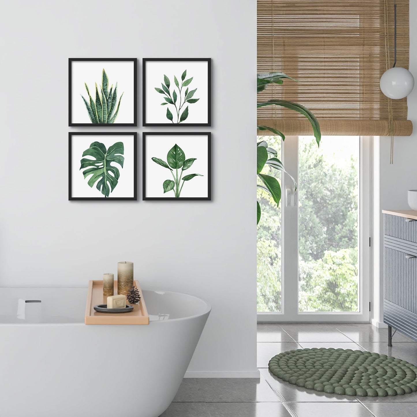 ArtbyHannah Framed Wall Art Decor with Botanical Prints 25x25cm Green Tropical Snake Plant Fern Artwork Poster 10x10 inch, Square Pictures Set of 4, Wall Decoration for Living Room Bathroom Bedroom