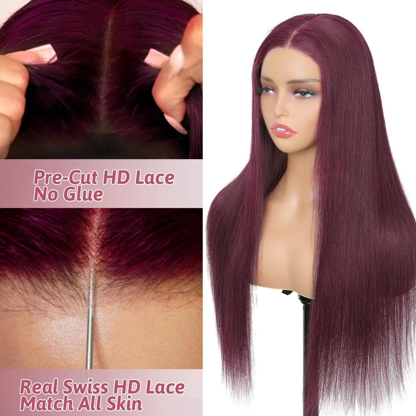 HD Lace Glueless Wig Wear and Go Brazilian Straight Lace Wigs Human Hair Burgundy Wig For Women ShowJarlly No Glue 5x5 Lace Pre Cut Wig Transparent Lace Closure Wigs 180% Density 22 Inch 99J#