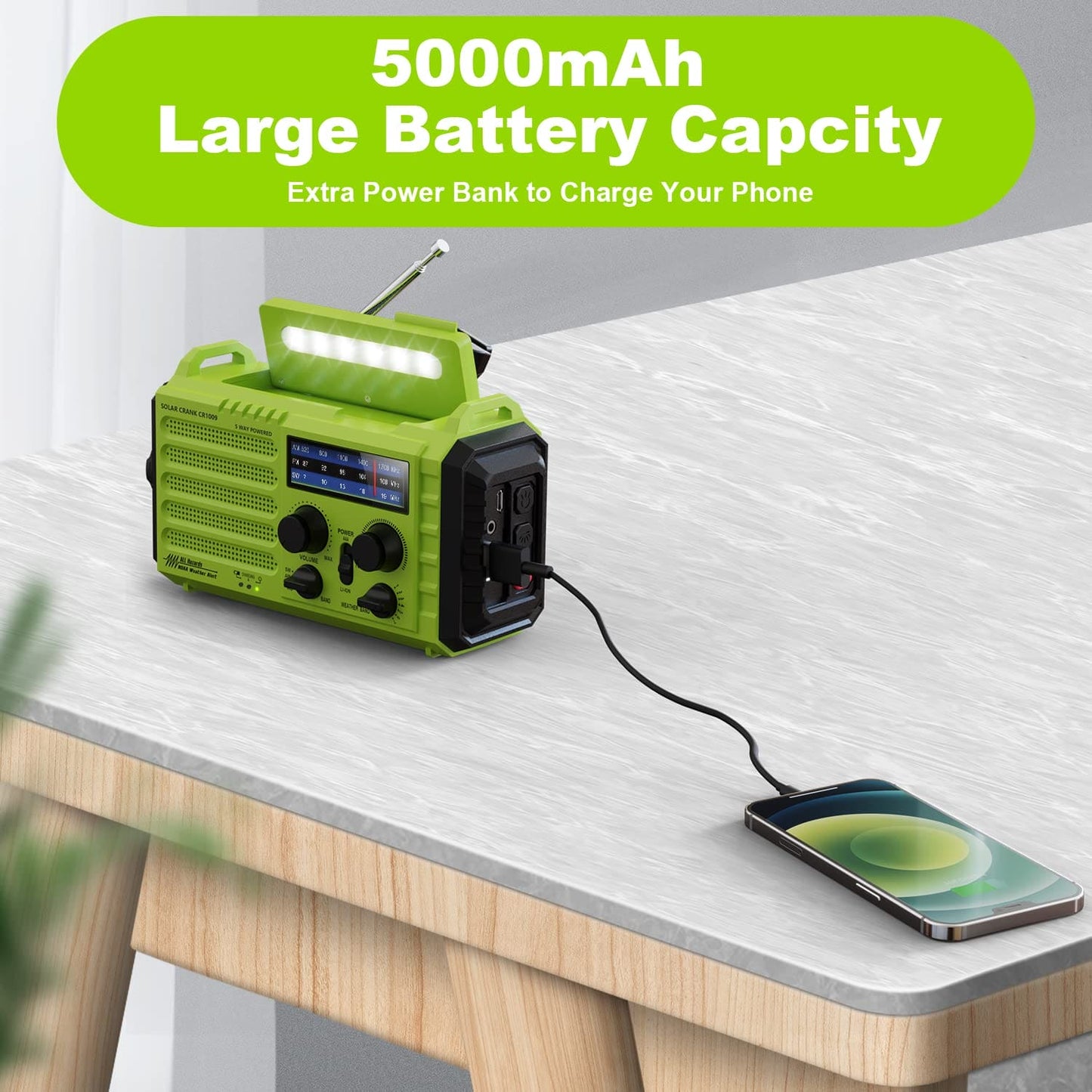 Solar Hand Crank Radio, 5-Way Powered AM/FM/SW Emergency Radio for Outdoor with 5000 mAh Capacity Battery, Portable Radio with USB Charger, LED Flashlight, Reading Lamp, SOS Alarm and Compass Green