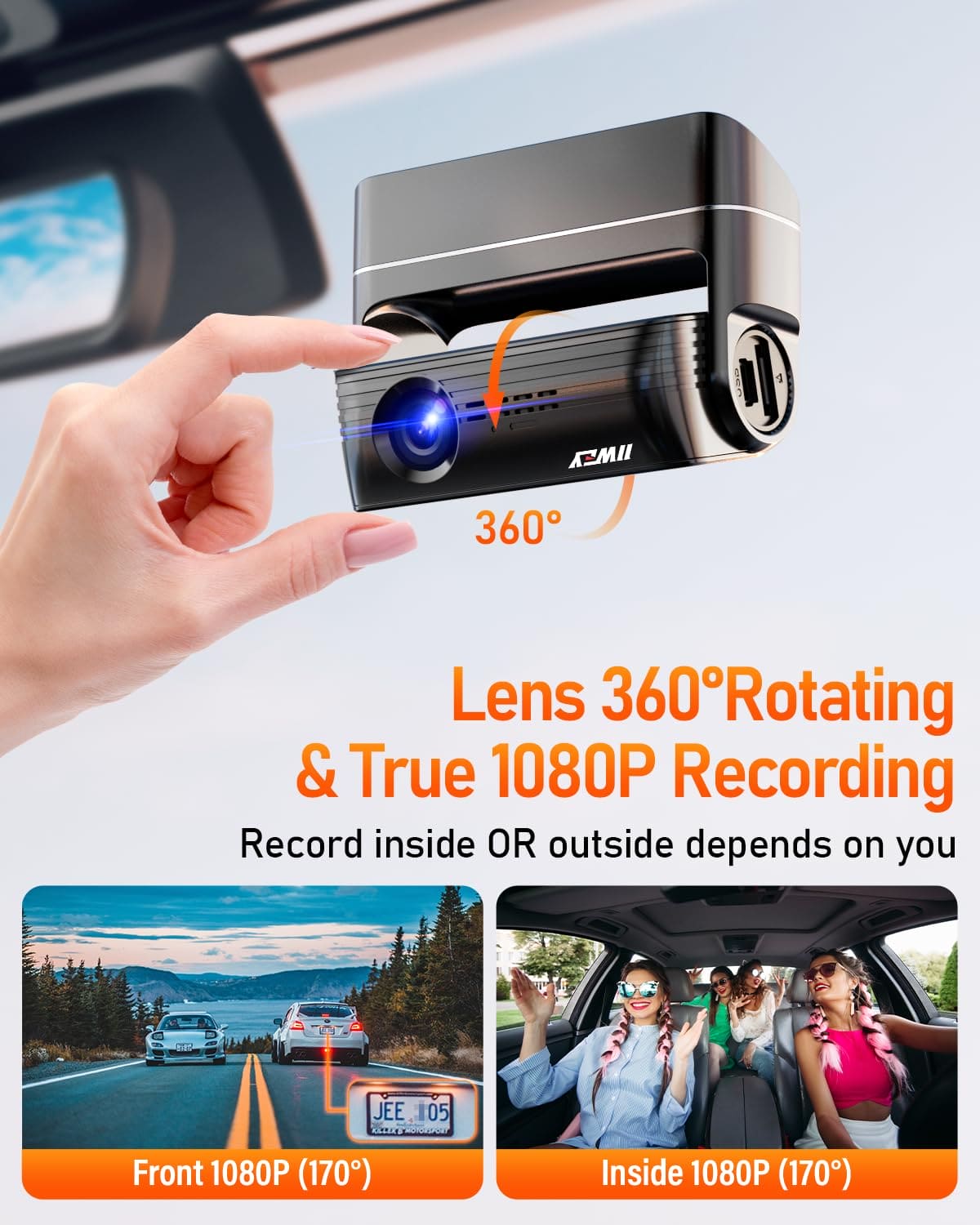 IIWEY WiFi Dash Cam Front 1080P Mini Hidden Car Dashboard Recorder with Super Night Vision, Lens 360° Rotation, App Control for Car, capacitor, G-sensor, Parking Monitor