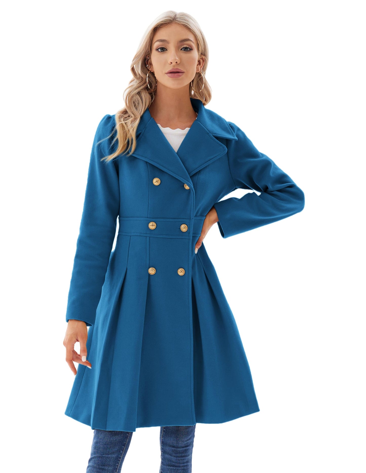 GRACE KARIN Ladies Elegant Wool Blends Trench Coat Slim Fit Double-Breasted Duffle Peacoat for Women Cerulean L