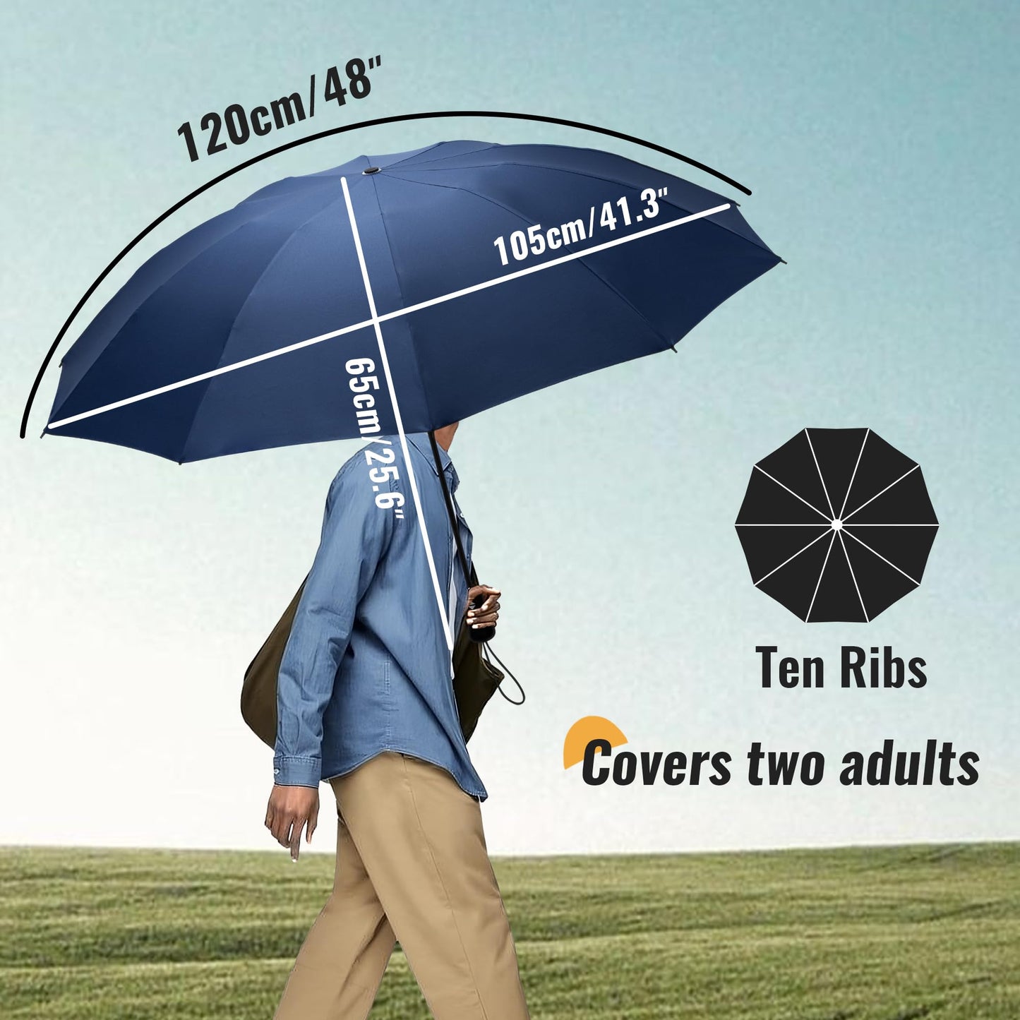 Compact Travel Umbrella Windproof Strong- Automatic Inverted Folding Umbrellas for Wind and Rain, 210T Teflon Coating 105cm Span - 10 Ribs Blue Portable Umbrella for Men and Women