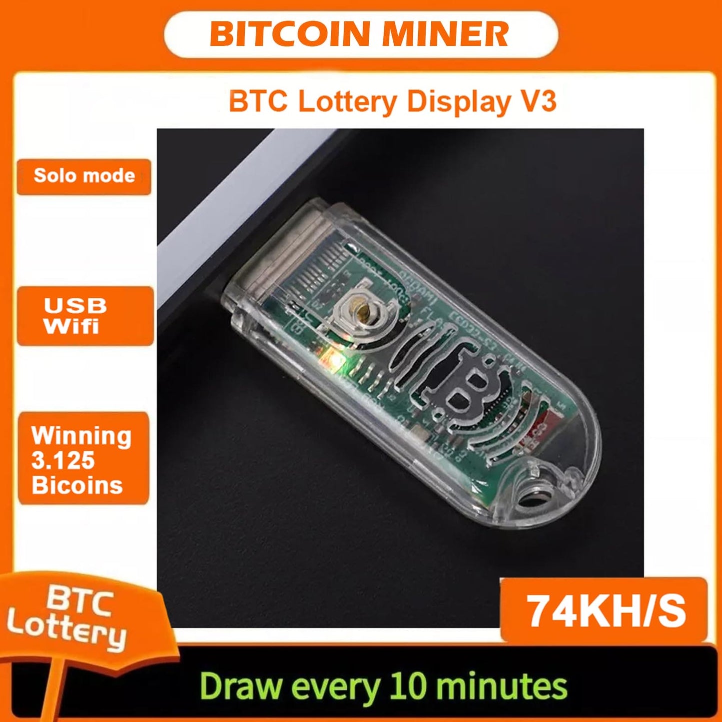 USB Bitcoin Miner btc solo miner LV03 Lottery crypto miner asic 74KH with Mini Display mini bitcoin miner machine（1PCS）