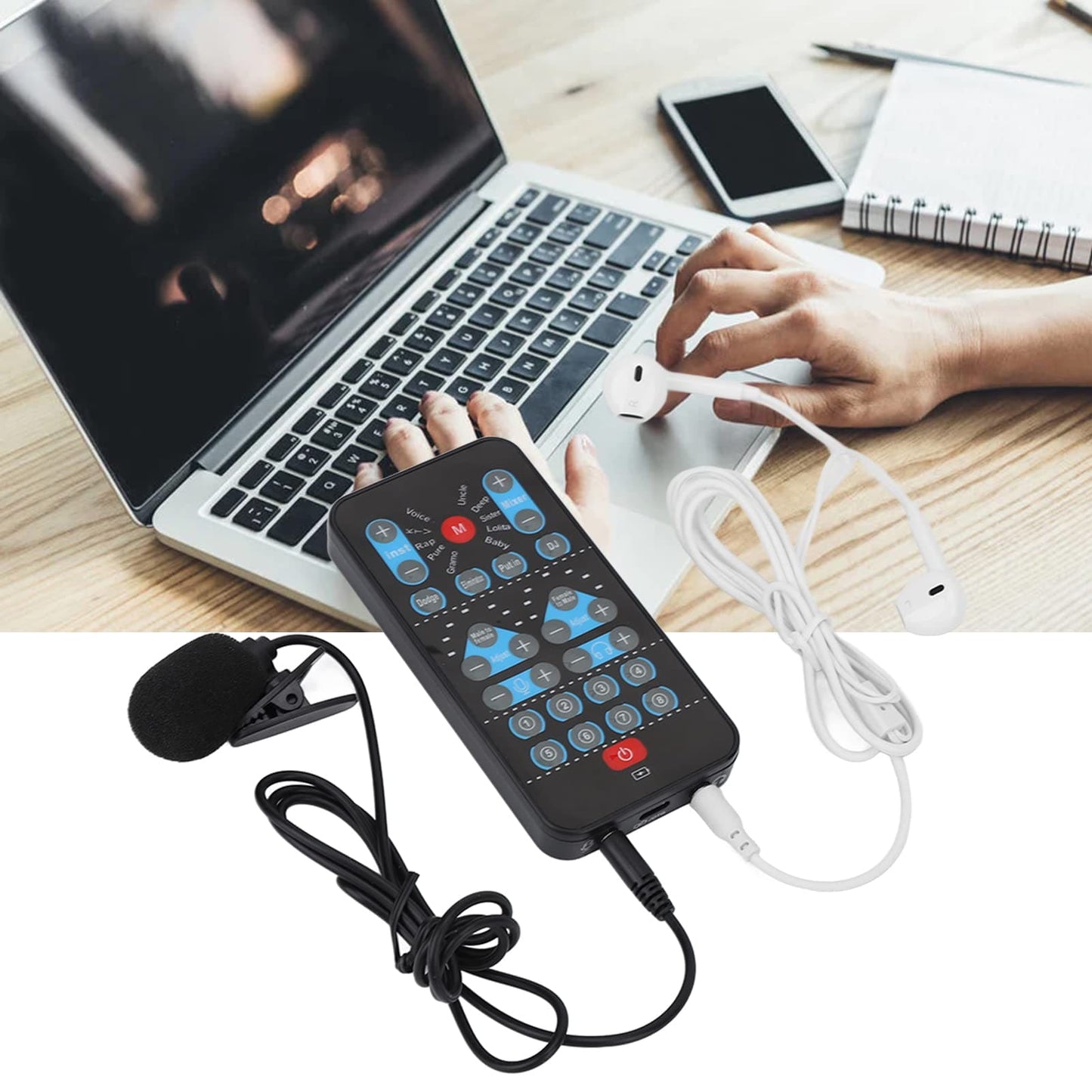 PUSOKEI Portable Voice Changer,Handheld Microphone Voice Changer Live Streaming Sound Card with Headphones Kit,Audio Mixer Sound Card for Podcast Recording,3.5mm Sound/USB Charging