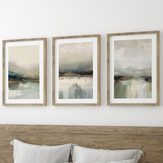 Muted Abstract Landscape Set of 3 Unframed Wall Poster Prints, Digitally Printed Painting Style, Lounge Bedroom Kitchen Bathroom Home Decor, Muted Tones, Green White Grey Black (A3)