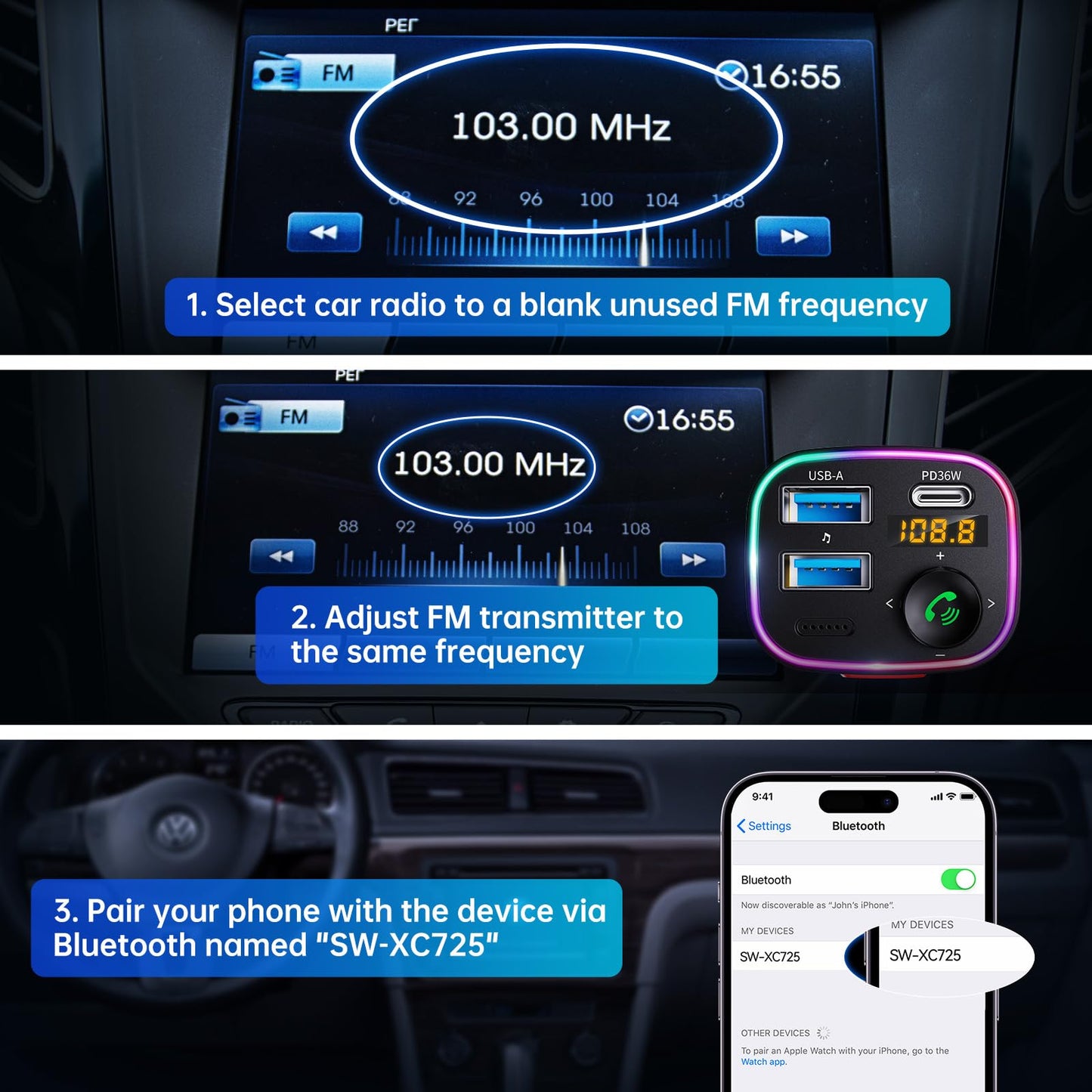 SYNCWIRE Bluetooth 5.3 FM Transmitter for Car, 48W Max Dual USB Bluetooth Car Adapter, Wireless Radio Receiver, Hands-Free Calling, Music Player Support 64G Drive with Light Switch Car Charger, Black