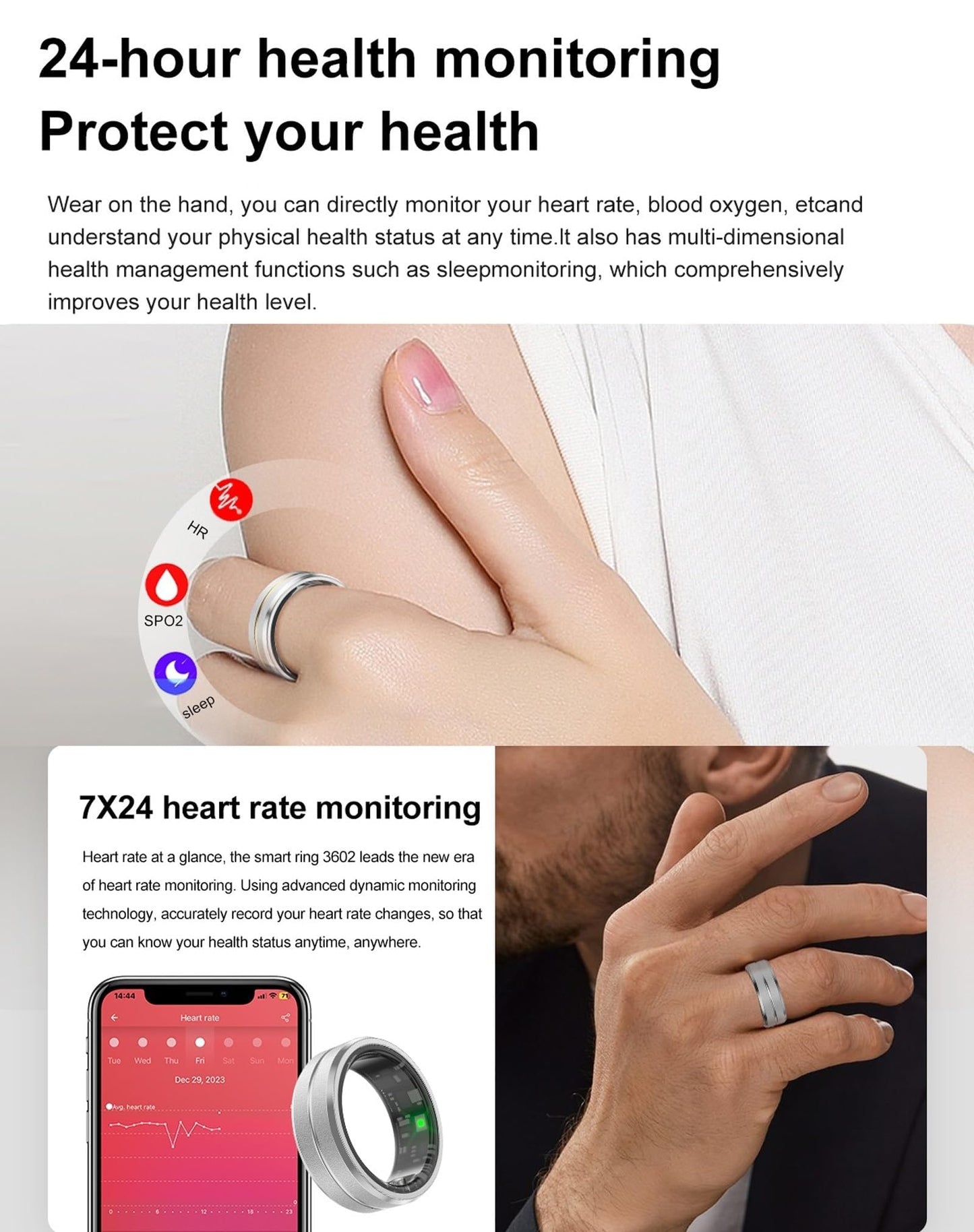 findtime Smart Ring for Men Ladies Smart Ring for Women Fitness Ring Fitness Tracker Waterproof Blood Oxygen Sleep Heart Rate Monitor Pedometer Step Counter ios Android Phones (Silver, V1/2/2.5433in)