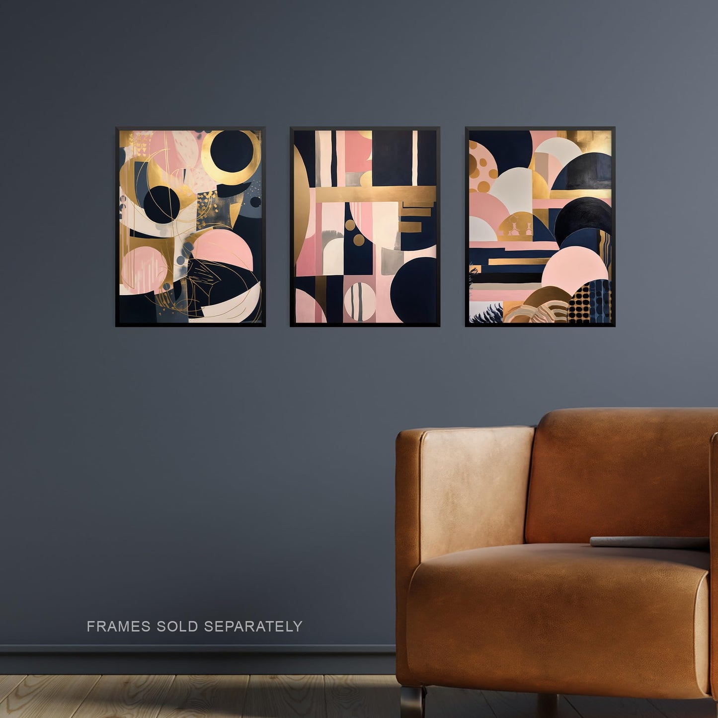 Artery8 Set of 3 A4 Abstract Boho Art Deco Paintings Gold Pink Navy Blue Geometric Shapes and Patterns Unframed Wall Art Living Room Poster Prints Pack