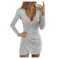 Evening Dresses Women's Sexy Glitter Mini Dresses Short V-Neck Party Dresses Slim Fit Sequin Dresses Prom Dresses Elegant Long Sleeve Pleated Wrap Dresses Plain Irregular Hem Mini Dress, Y1 silver, S