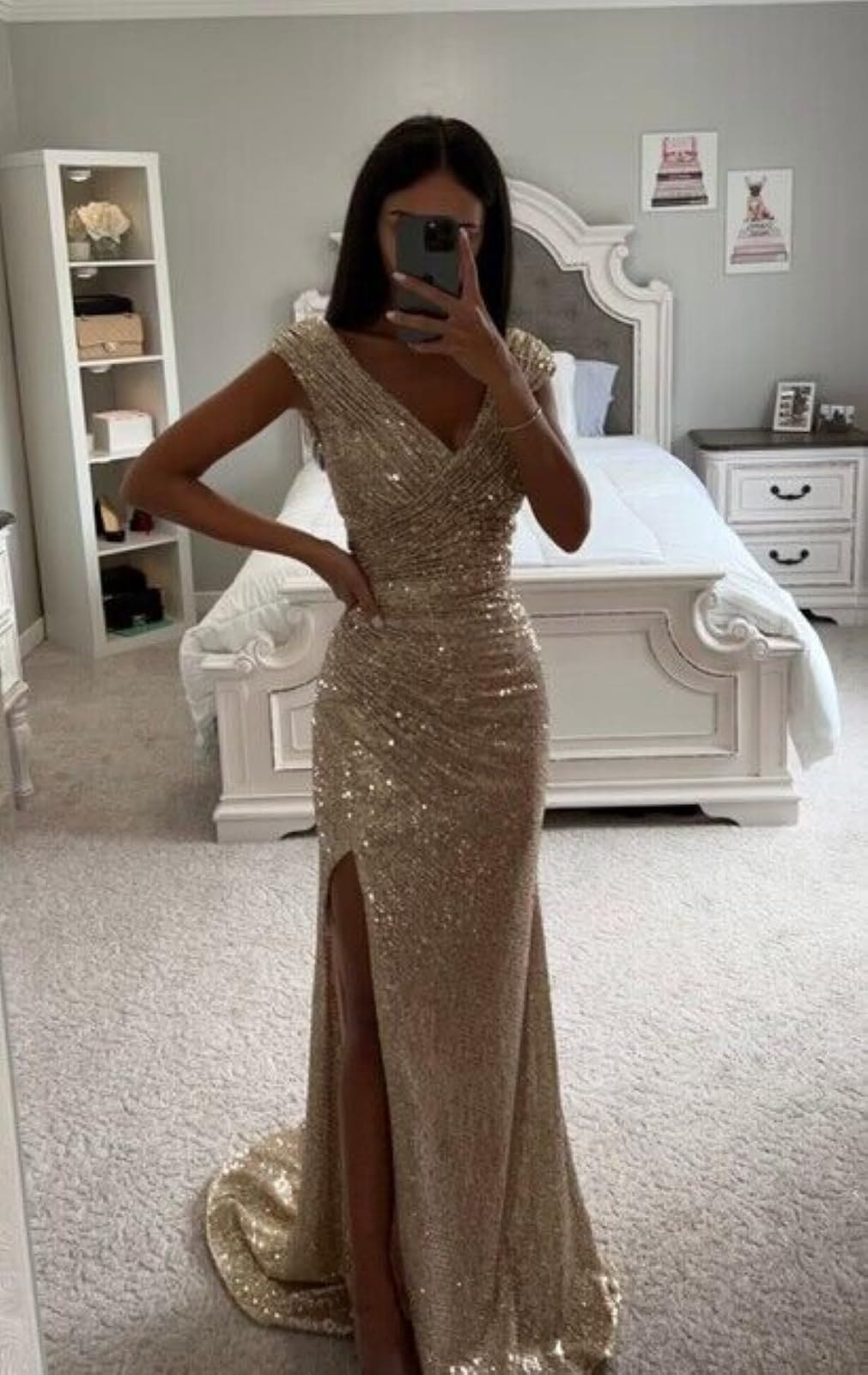 PAVERJER Black Prom Dresses for Teens with Slit Mermaid Sequin Prom Gown Ruched V-Neck Evening Party Dress Size 2