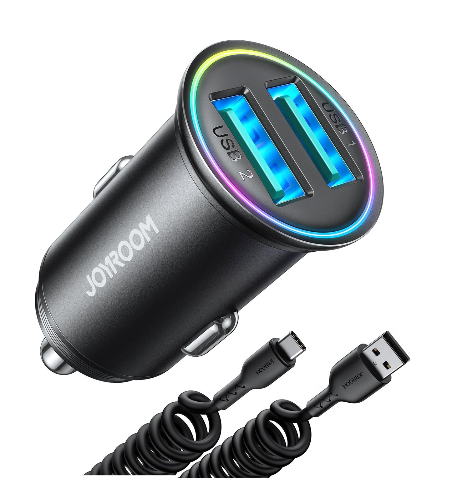 JOYROOM Car Charger Adapter 4.8A Dual Port Cigarette Lighter USB Charger All Metal Mini Car Phone Charger with Type C Coiled Cable 12V USB Socket for iPhone 15 14 13 12 Pro Max Samsung S23 S22 etc