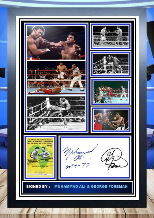 MUHAMMAD ALI V GEORGE FOREMAN BOXING GREATS SIGNED A4 FRAMED PHOTOGRAPH (REPRINT) GREAT GIFT @@@@@