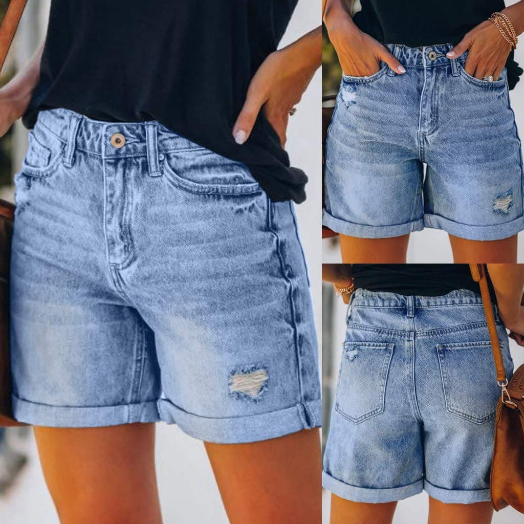 AMhomely Denim Shorts for Fashion Womens Pocket Jeans Denim Pants Female Hole Bottom Sexy Casual ShortsStretchy Distressed Jeans Boyfriend Hotpants Half Pants Summer Ripped Short Pants