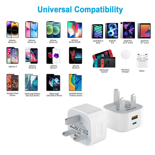 USB C Charger For iPhone Fast Charger, 20W USB C Fast Charging Plug and 2Pack 1M Cable for iPhone Apple 14/14 Pro/14 Pro Max/13/12/11/X/XS/XR/8/7/SE, Type C PD UK with USB C and Lightning Lead 1M