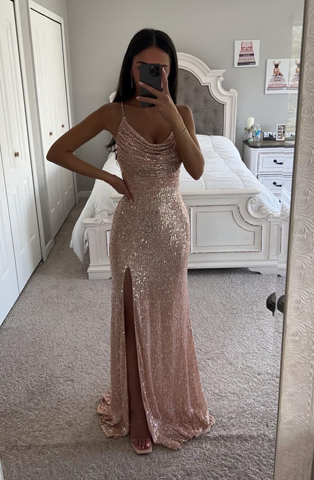 PAVERJER Sequin Prom Dresses for Teens 2024 Mermaid Formal Dress Long Cowl Neck Evening Party Gown with Slit Red Size 8