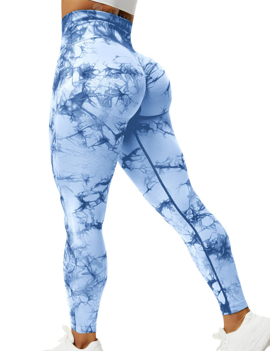 ZAAYO Tie Dye Gym Leggings Seamless for Women Scrunch Bums Leggings High Waist Sport Leggings Seamless for Yoga Gym Workout Fitness Light Blue XL