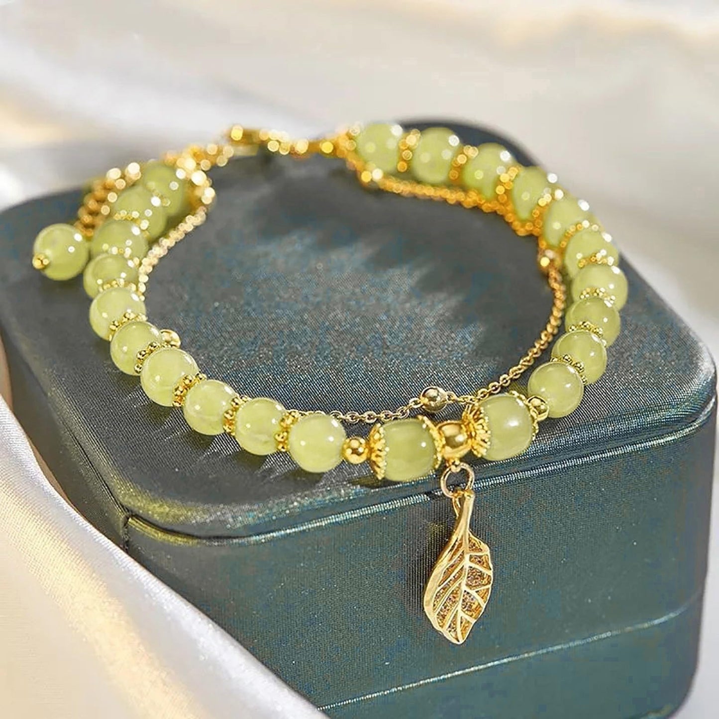 black friday deals 2024 Hetian Jade Gold Leaf Bracelet Xmas Gift Crystal Glass Bracelet For Women Chinese Style Jade Bead Bracelet Gifts For Her Him Wife Grandma Grandpa Mother Father