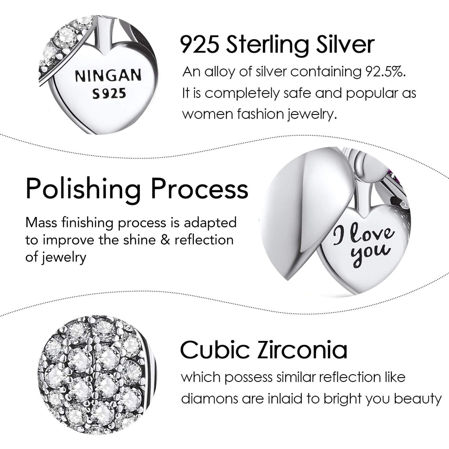 NINGAN “I Love You” Heart Pendant Charm 925 Sterling Silver Dangle Charms Compatible With European Bracelets & Necklaces