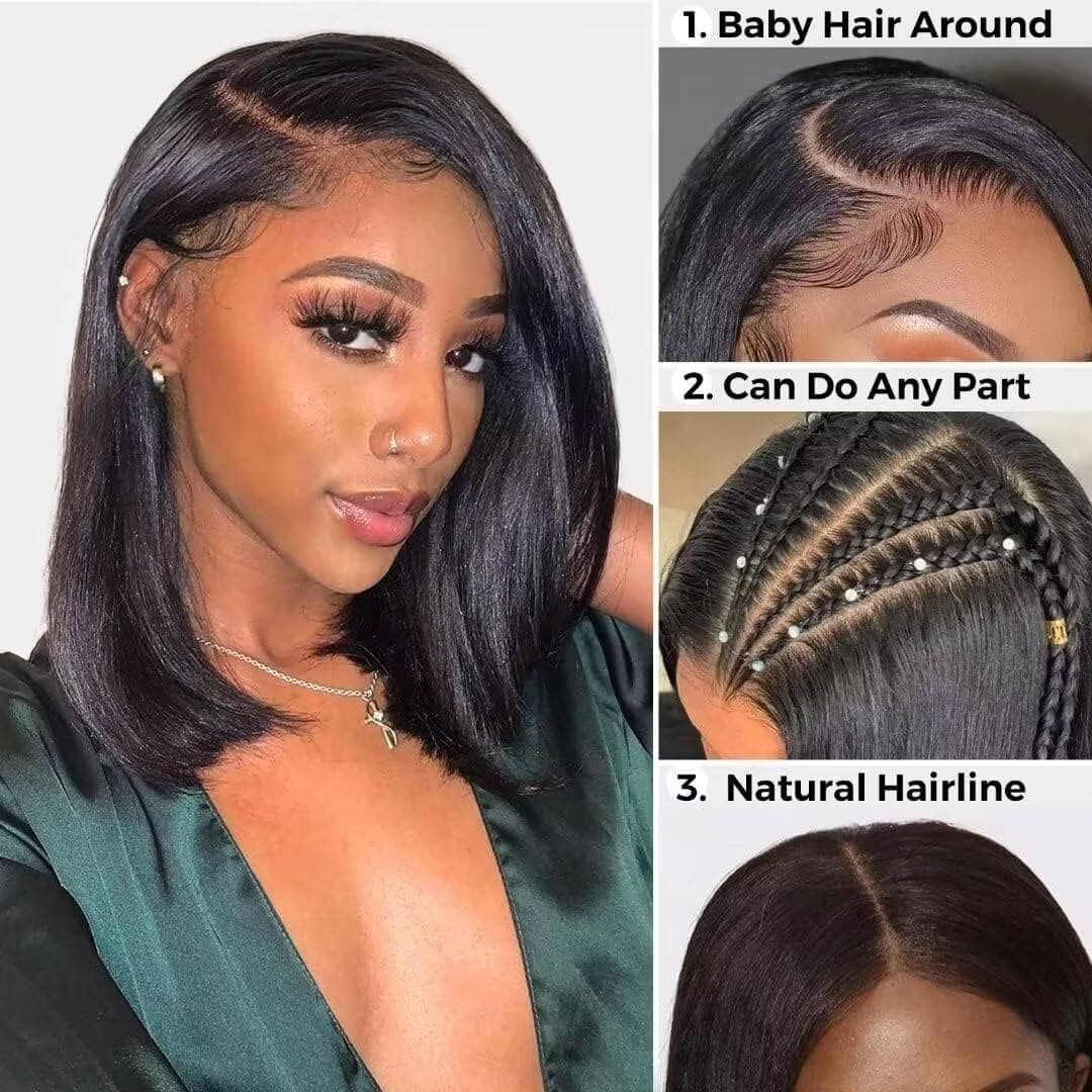 RXY 4x4 Bob Straight Human Hair Wig Lace Front Wig 100% Human Hair Pre Plucked with Baby Hair 150% Density Wigs for Black Women Natural Color 12 Inch