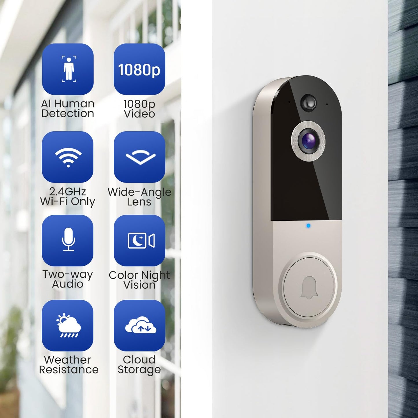 HubFlashy 1080p Doorbell Camera Wireless, Smart Video Cam with Ring Chime, AI Human Detection, Two Way Audio, FHD Live View, Night Vision, 2.4G WiFi, Cloud Storage, Indoor Outdoor Surveillance (Linen)