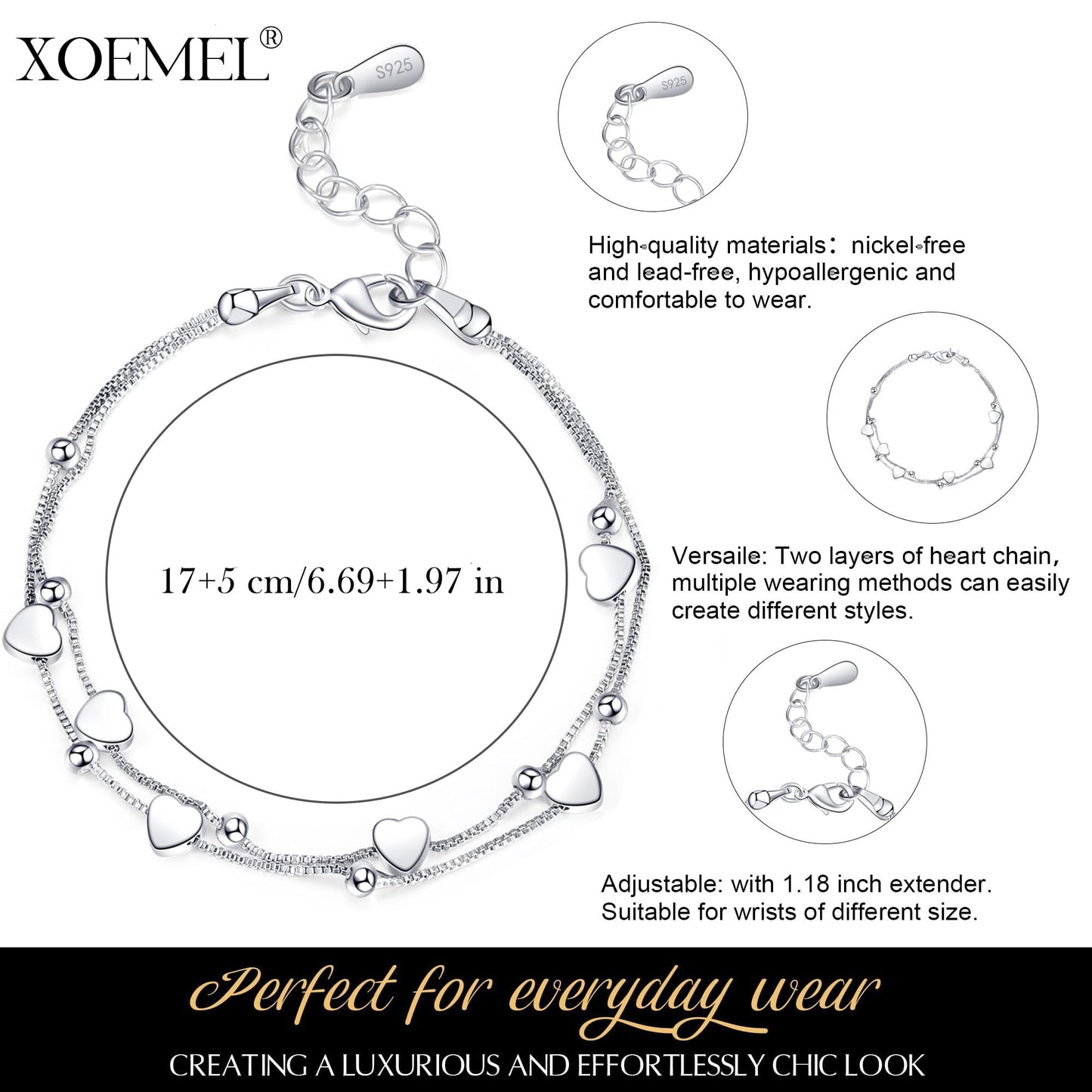 XOEMEL Silver Heart Bracelet Sterling Silver Bracelet for Women Layered Charm Bracelets for Women Ladies Silver Bracelets Friendship Bracelets Women's Jewellery