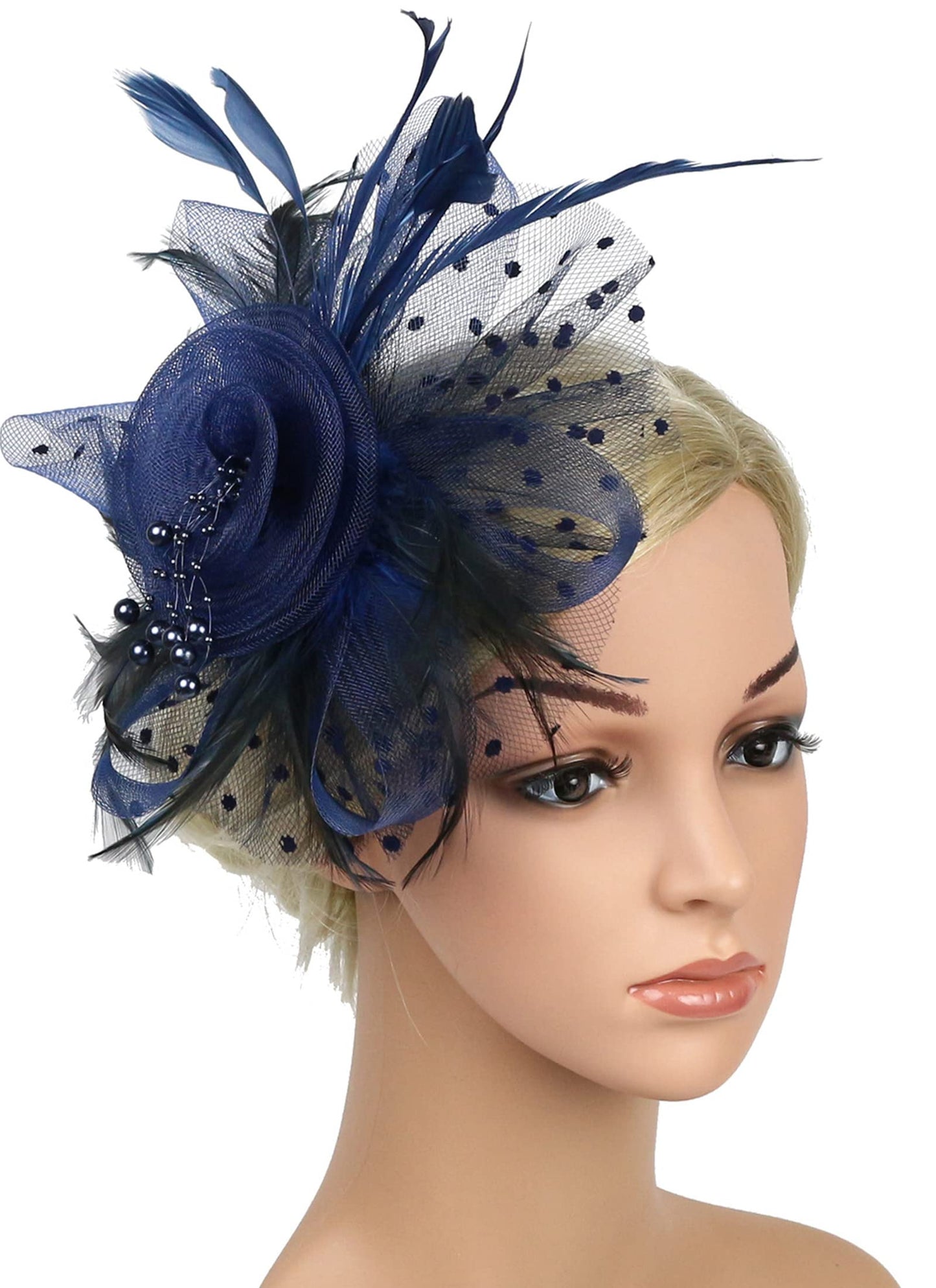 QDC Fascinators Hat for Women Tea Party Headband Kentucky Derby Hats Cocktail Flower Mesh Feathers Headwear Hair Clip for Wedding (Darkblue)