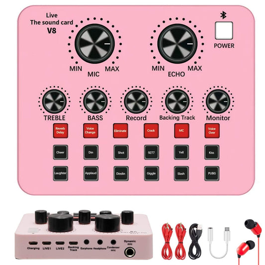 Bluetooth Mix Audio Live Sound Card with Effects Voice Changer for Live Streaming Color Pink